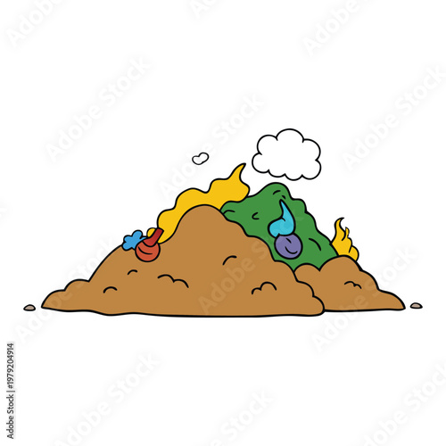 A smelly garbage dump filled with rotting waste, buzzing flies, and drifting foul odors. Piles of trash create a chaotic, unpleasant scene under the open sky