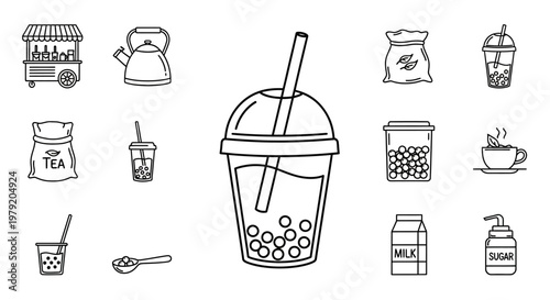 Bubble Tea Icons: Drink, Ingredients, and Accessories - Line Art Collection