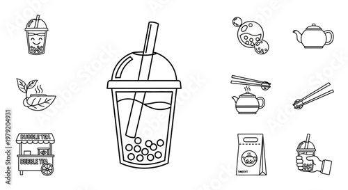 Bubble Tea Icons: Sweet Drink, Tea Pot, Chopsticks, Food Cart, and More - Vector Set