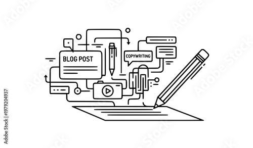 Pencil and Paper Linear Icon Vector Illustration Content Creation and Blogging Concept