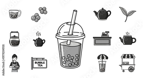 Bubble Tea Icons Set: Drink, Teapot, Cash Register, Stall, Person, Leaves