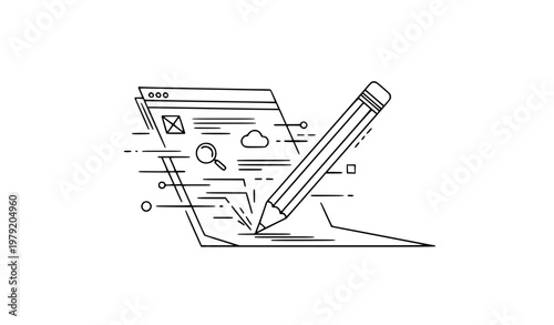 Pencil and Paper Linear Icon Vector Illustration Content Creation and Blogging Concept