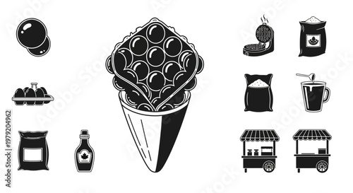 Bubble Waffle Icon Set: Food, Ingredients, and Street Food Stalls