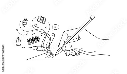 Pencil and Paper Linear Icon Vector Illustration Content Creation and Blogging Concept