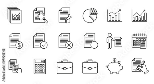 Business Analytics Icons: Data, Finance, Planning, and Management Symbols