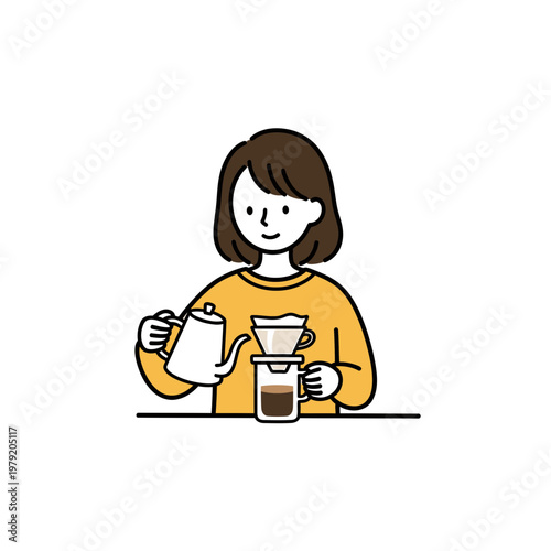 Woman brewing pour over coffee with kettle and dripper illustration