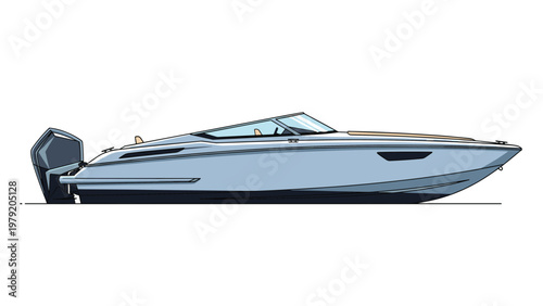 Luxury motorboat side profile illustration isolated on white background showing sleek design and powerful engine.