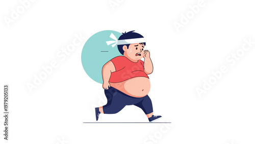 Overweight boy character struggling to run and sweating profusely as he tries to maintain a healthy lifestyle.