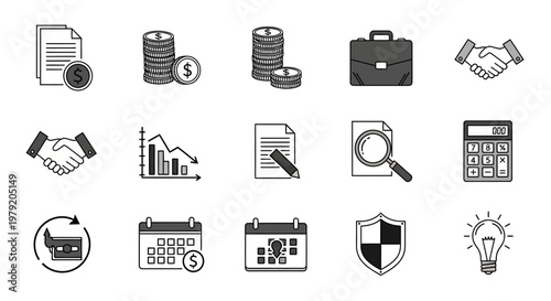 Business and Finance Icons: Money, Deals, Graphs, and Planning