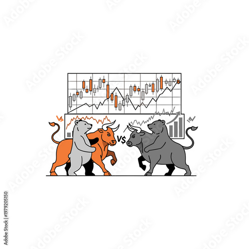 Stock Market Bull vs Bear Fighting Illustration with Trading Chart