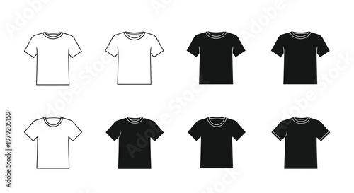 Arrangement of eight t shirt outlines in varying shades of white and black