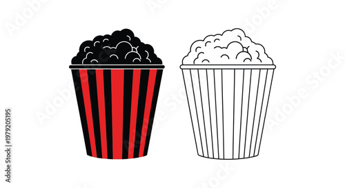 Two popcorn buckets one black and one white shown in a simple illustration