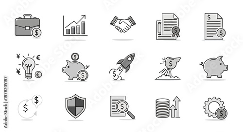 Business Finance Icons: Investment, Growth, Savings, Contracts, Ideas