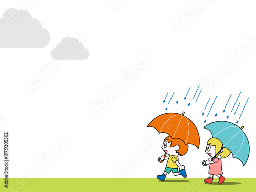 傘を持ったこどもたちのフレーム（ベクター）