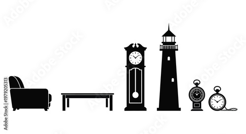 A collection of black silhouettes depicting timekeeping devices and furniture