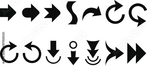 A collection of various black arrow icons displayed on a plain white background for design usage.