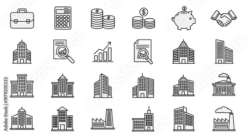 Business Icons Set: Finance, Buildings, Growth, Partnership, Savings