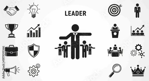 Business Leader Icon Set: Teamwork, Success, Strategy, and Management Concepts