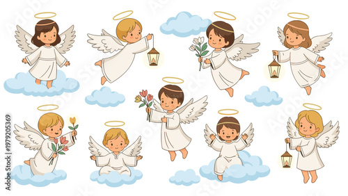 Sweet little angel characters with wings and halos in various poses playing with clouds and carrying lanterns.