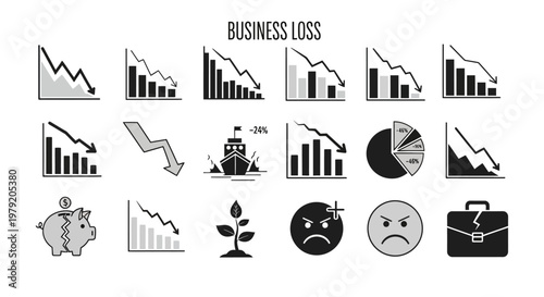 Business Loss Icons: Downward Trends, Financial Crisis, Piggy Bank, Sad Faces