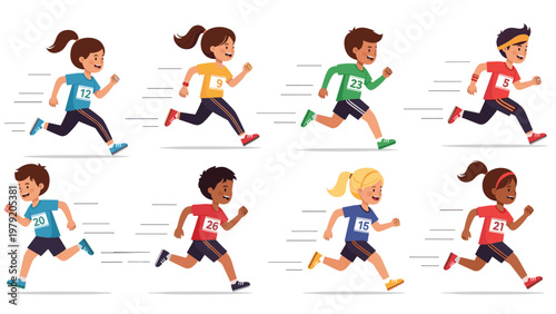 Diverse group of school children running a competitive race wearing numbered bibs on a bright sunny day.