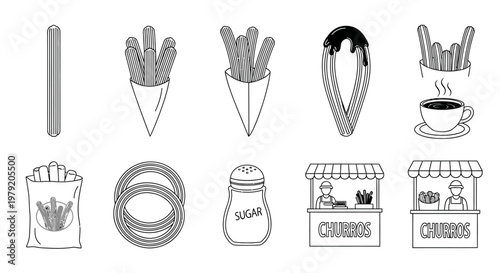 Churro Food Icons Set, Sweet Pastry, Street Food Vector Illustrations
