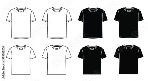 Illustration of various t shirt templates in contrasting colors and outlines