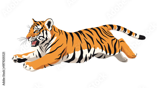 Majestic Bengal tiger captured in a dynamic leaping pose with its mouth open showing a powerful wild predator.