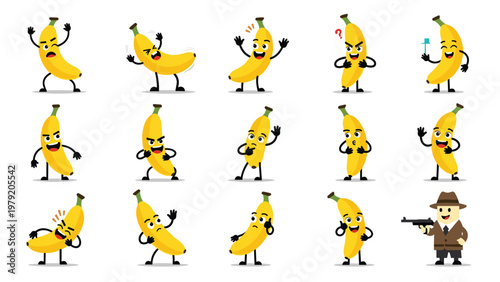 Collection of humorous banana characters with various facial expressions and one dressed as a secret detective.