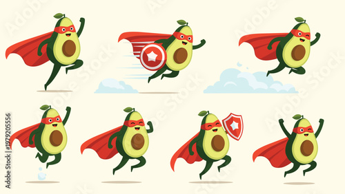 Cute avocado superhero characters with red capes and masks performing various heroic actions and flying poses.