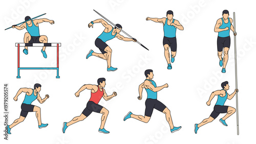 Male athletes competing in various track and field events like javelin throw hurdles pole vault and sprinting.