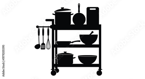 Black silhouette of a kitchen cart with pots pans and utensils