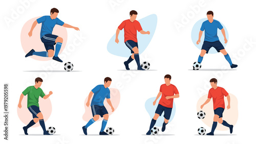 Selection of professional soccer players in action showing different skills like kicking and dribbling the ball.