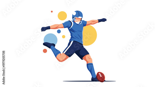American football player in a blue uniform kicking the ball during a game with colorful abstract shapes behind.