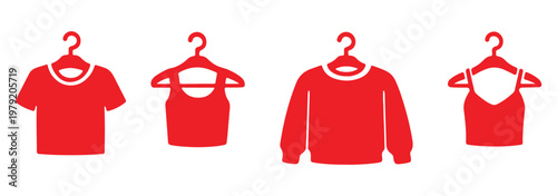 Clothes hanger icon set. Tee shirt with hanger sign. Fabric sport wear symbol. Laundry and Fashion .Tee shirt with hanger sign. Fabric sport wear symbol. Vector