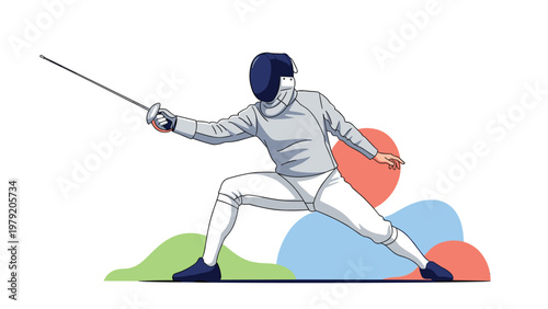 Professional fencer wearing protective white gear and a mask lunging forward with a foil during a competition.