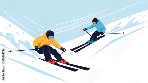Two skiers in bright gear gliding down a snowy mountain slope at high speed during a winter vacation trip.