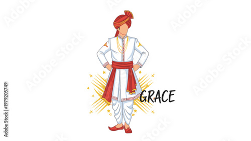 Man dressed in traditional Indian wedding attire with a red turban and white sherwani symbolizing grace.