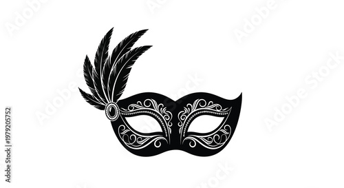 Elegant black masquerade mask with feather and ornate details