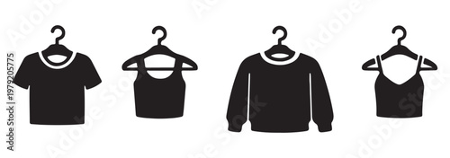 Clothes hanger icon set. Tee shirt with hanger sign. Fabric sport wear symbol. Laundry and Fashion .Tee shirt with hanger sign. Fabric sport wear symbol. Vector