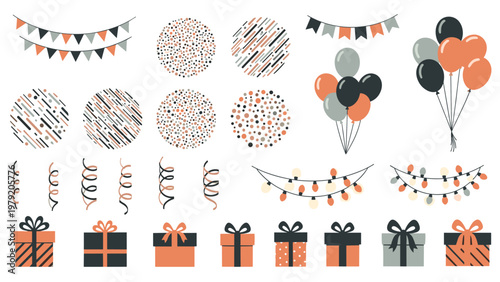 Decorative set of party celebration elements including balloons gifts colorful garlands and festive confetti.