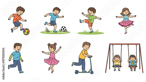 Group of young children having fun outdoors playing soccer swinging on a swing set and riding a scooter.