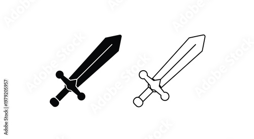 Two stylized sword icons one filled and one outlined in black and white