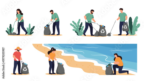 Volunteers cleaning up litter and trash from a beach to protect the environment and ocean from pollution.