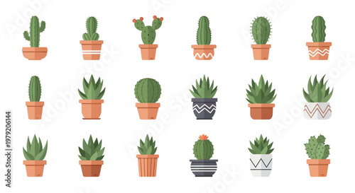 Collection of Potted Cactus and Succulent Plants, Flat Design