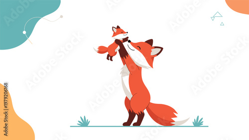 Beautiful mother fox playfully lifts her happy little kit high in the air against a clean white background with abstract shapes.