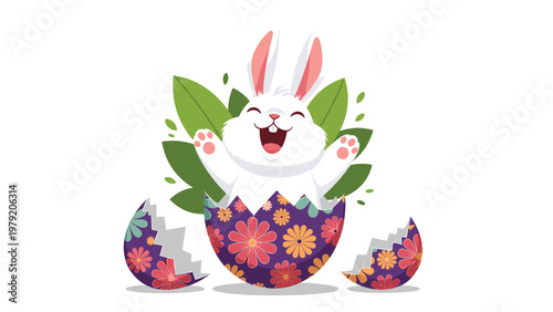 Happy white Easter bunny pops out of a cracked purple egg decorated with bright flowers against a background of green leaves.