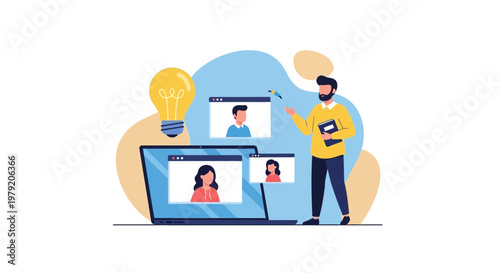 Online Education Concept: Teacher with Students in Virtual Classroom, Idea Bulb