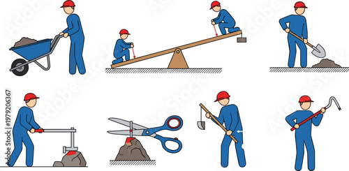 construction, workers, tools, labor, engineering, physics, simple machines, lever, wheelbarrow, shovel, force, work, industry, safety, equipment, mechanics, manual, illustration, concept, set