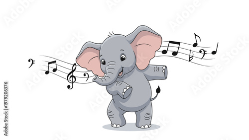 Cute grey baby elephant dances happily while surrounded by musical notes and staff lines in a whimsical vector illustration.